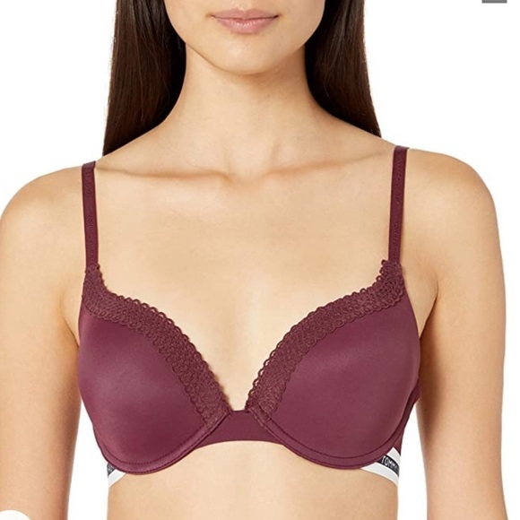 TOMMY HILFIGER LOGO SEAMLESS LACE TRIM PUSH-UP CONVERTIBLE BRA CABERNET 34C - Picture 1 of 8